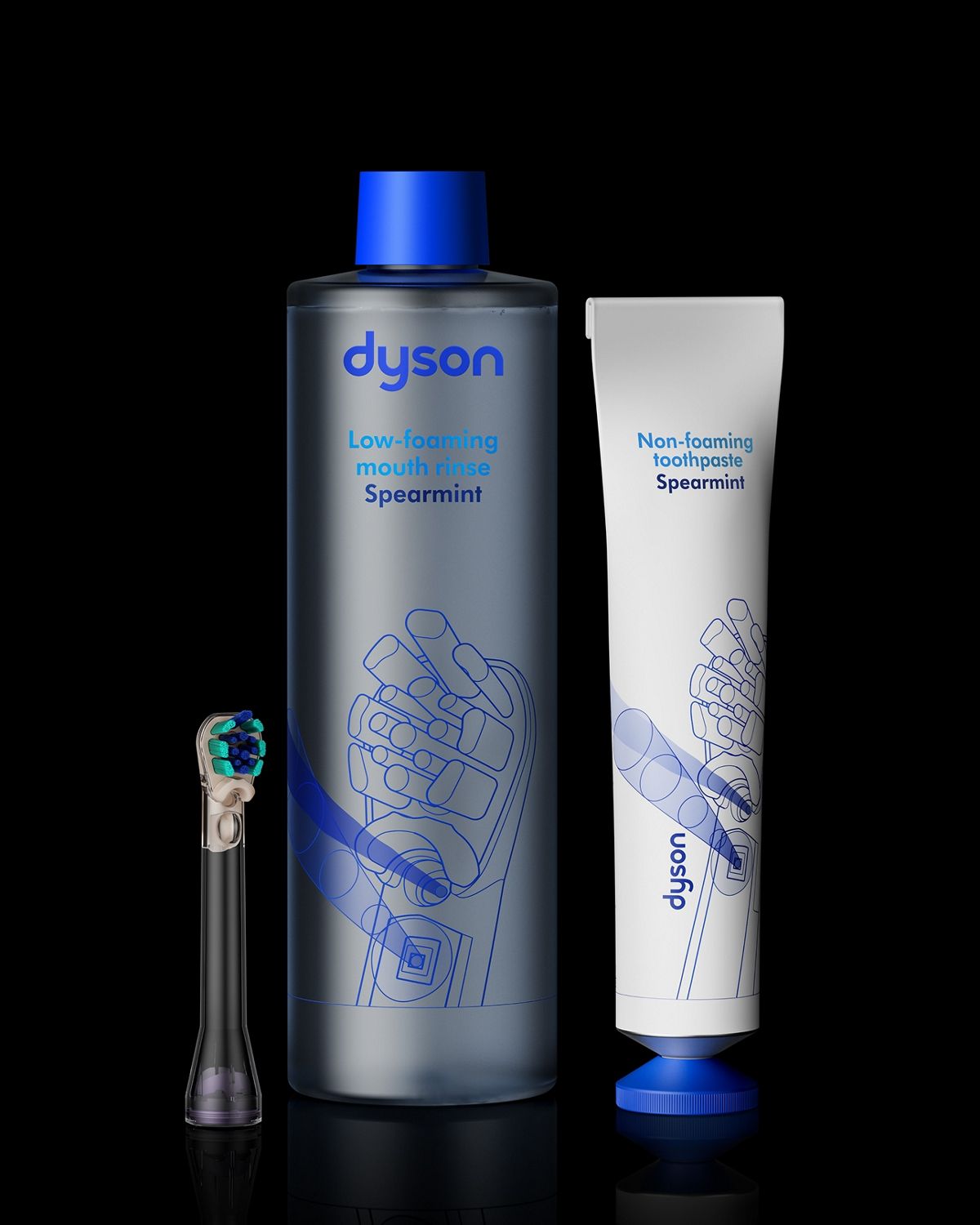 Cabezal del cepillo Dyson CameraJet, enjuague bucal y pasta de dientes.