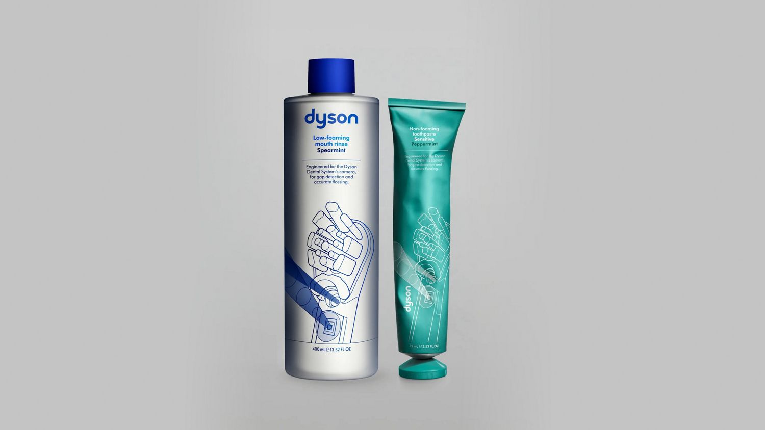 Dyson Peppermint toothpaste and Spearmint mouth rinse.