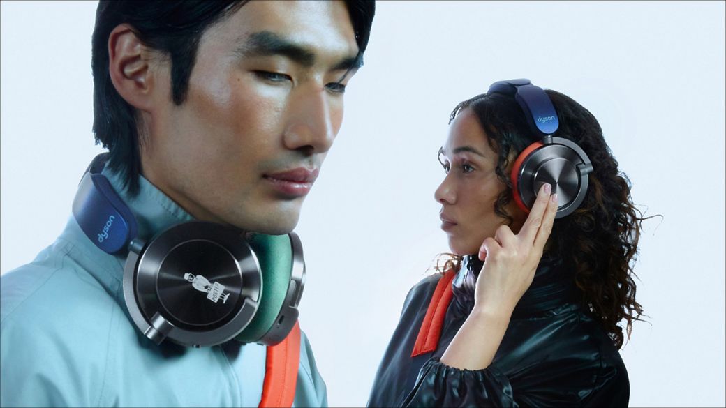 Pair of models wearing the Limited edition Dyson OnTrac headphones in collaboration with PORTER.