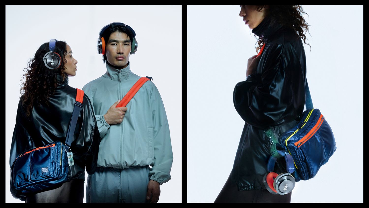 Dyson OnTracとPORTERのヘッドホンとカスタムショルダーバッグを紹介する2人のモデル。