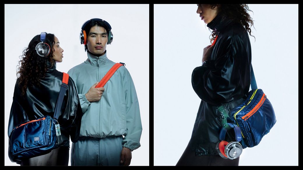 A pair of models showcasing the Dyson OnTrac and PORTER headphones with custom shoulder bag.