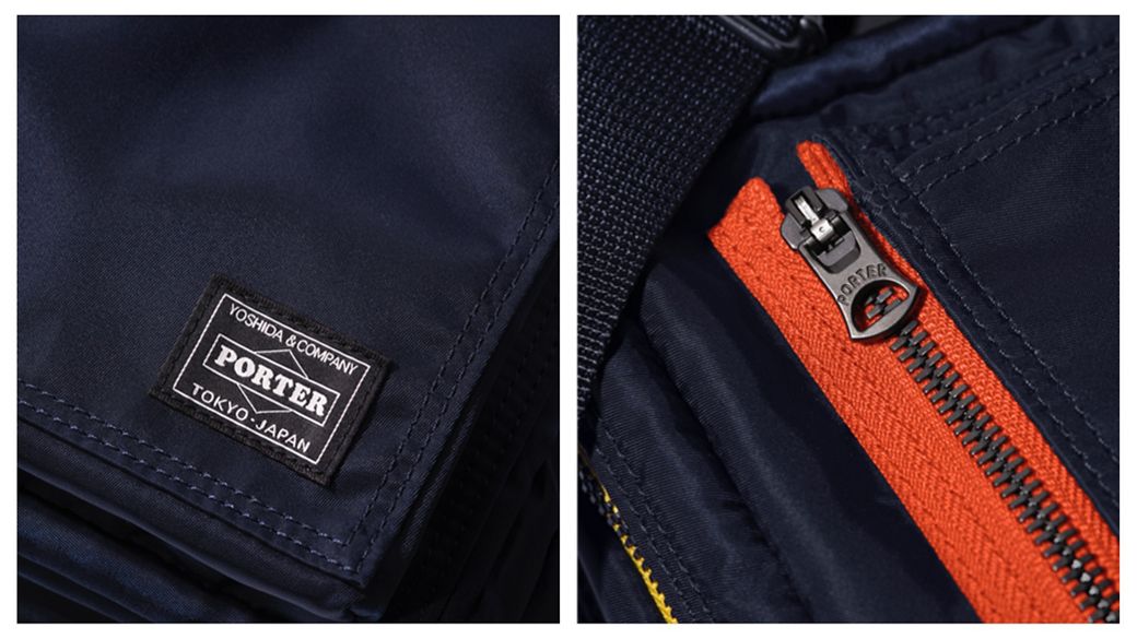 Closeup of PORTER branding on the custom shoulder bag.