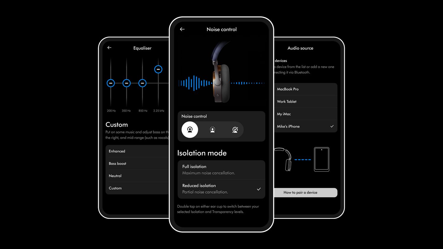 A trio of phone screens shows the Dyson OnTrac headphone’s controls on the MyDyson app.