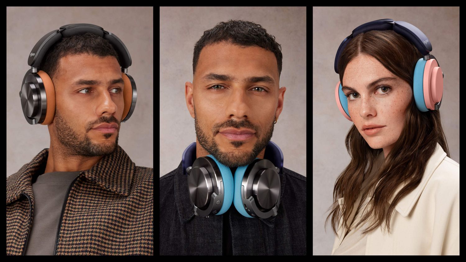 Trio of models wearing the Dyson OnTrac headphones with different colour ear cushions and outer caps.