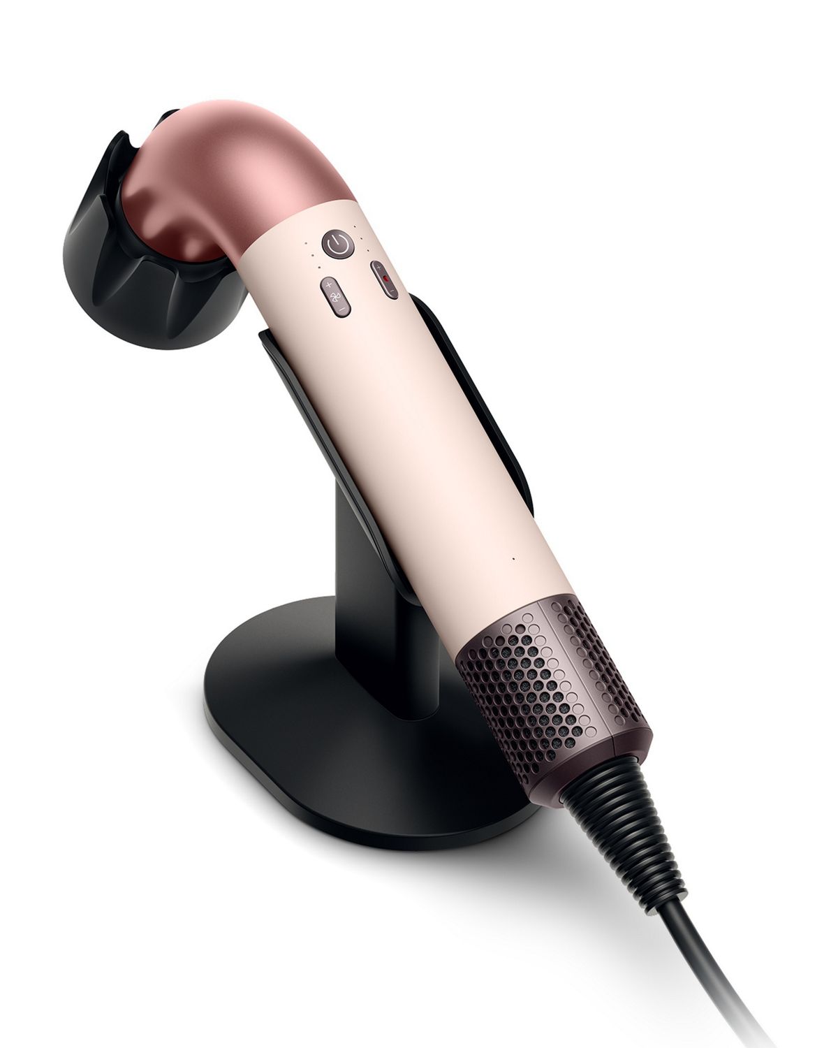 Dyson Supersonic r hair dryer on the Dyson-designed display stand for corded devices.