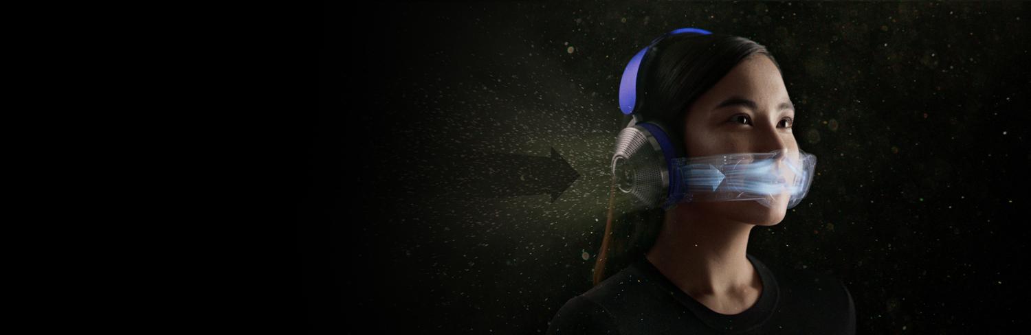 Woman wearing air-purifying headphones.
