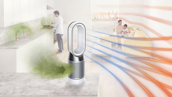 A Dyson Hot + Cool purifier ingests harmful gasses and releases purified air. 