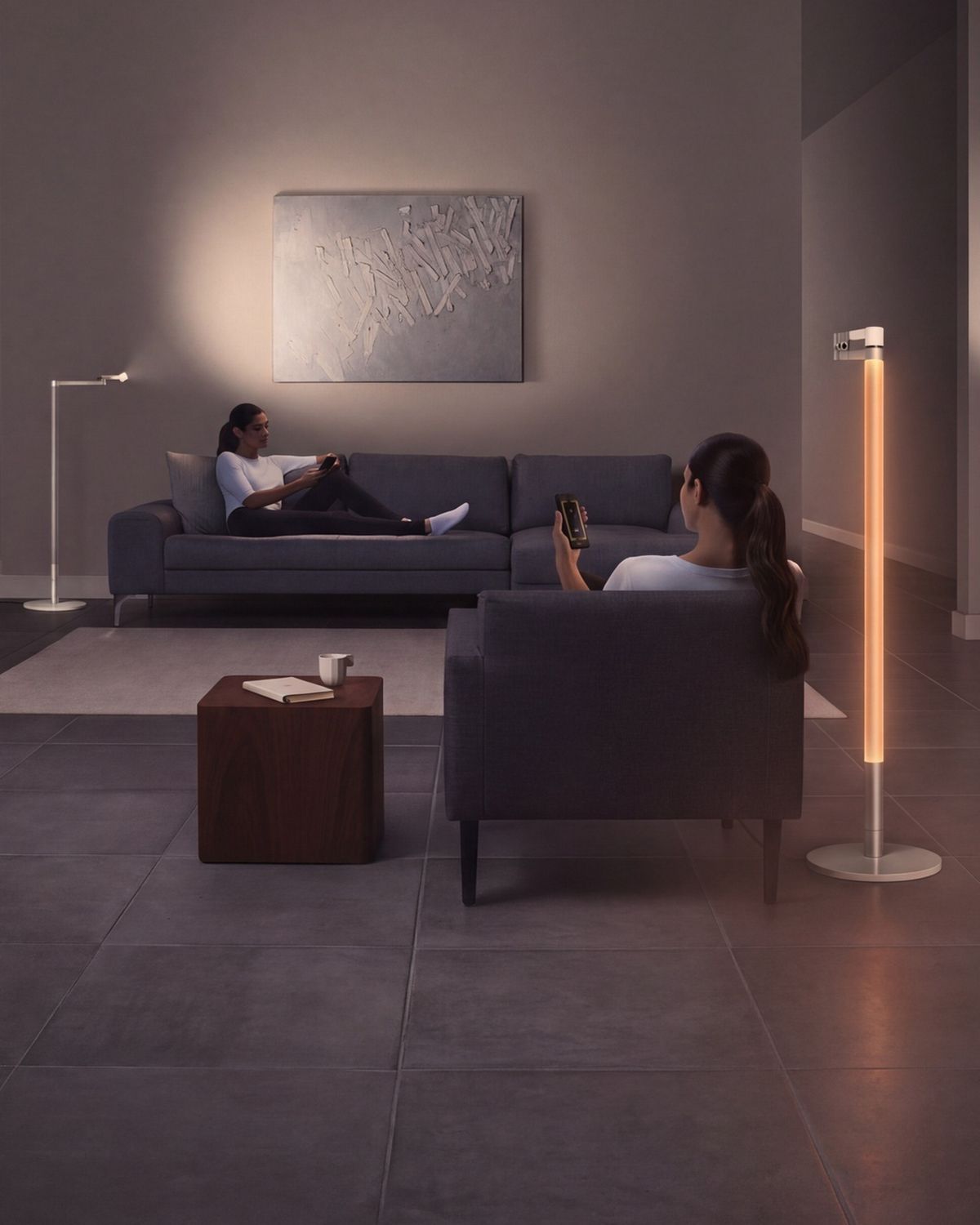 A woman in three different scenarios as Dyson lightcycle morph lights the room.  