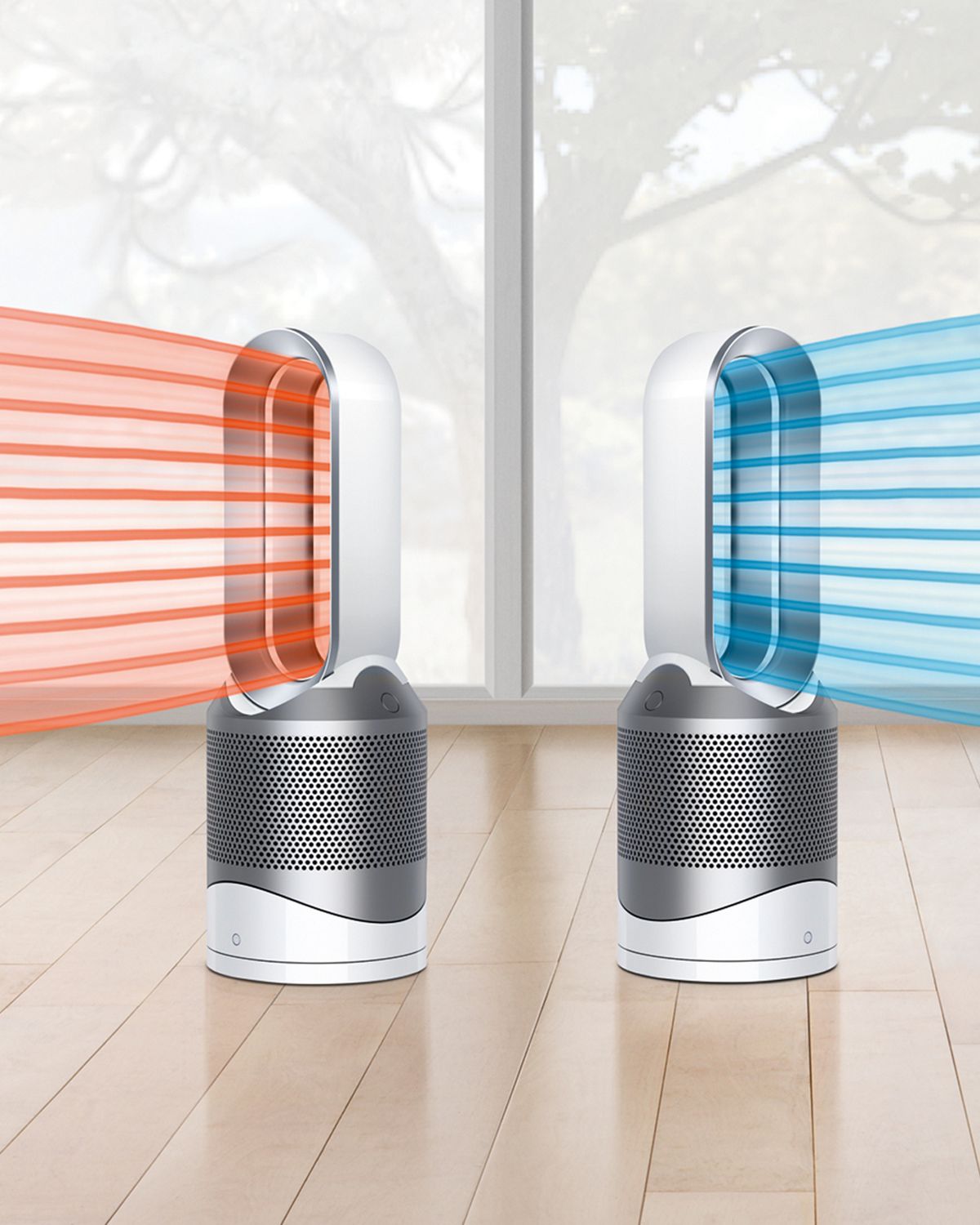 Dois purificadores termoventiladores Dyson Hot+Cool lado a lado, um projectando ar quente e o outro projectando ar frio.