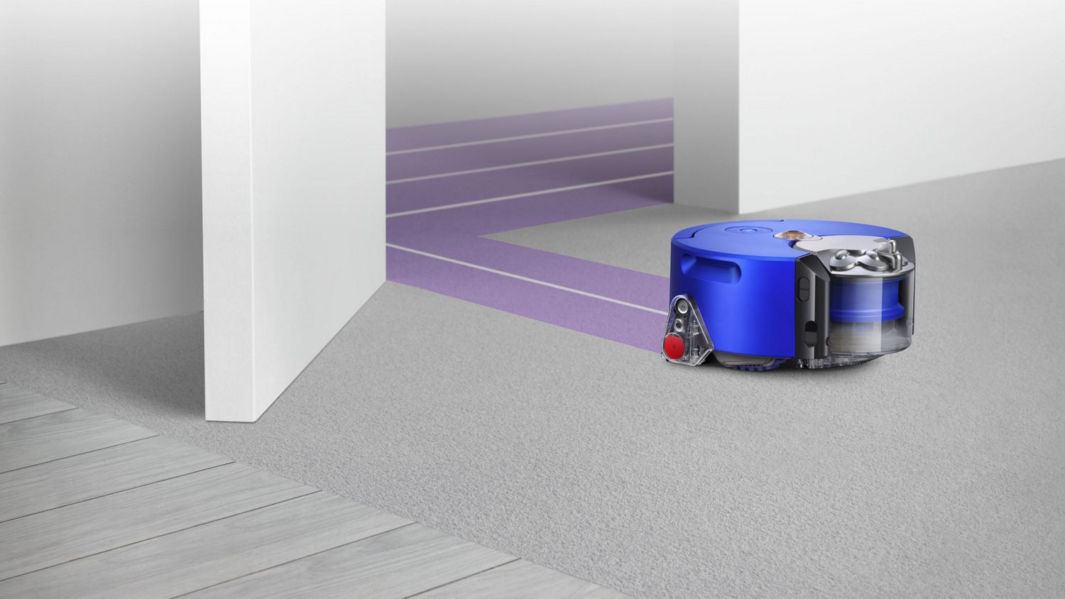 Robot aspirador Dyson 360 Heurist contorna uma esquina.