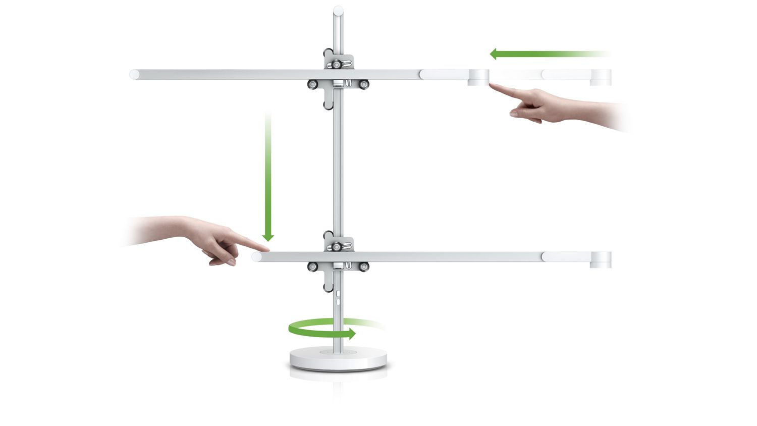 Ein Diagramm, das veranschaulicht, wie die 3 Axis Glide™ Bewegung der Leuchte eine vertikale, horizontale oder 360°-Bewegung ermöglicht. 