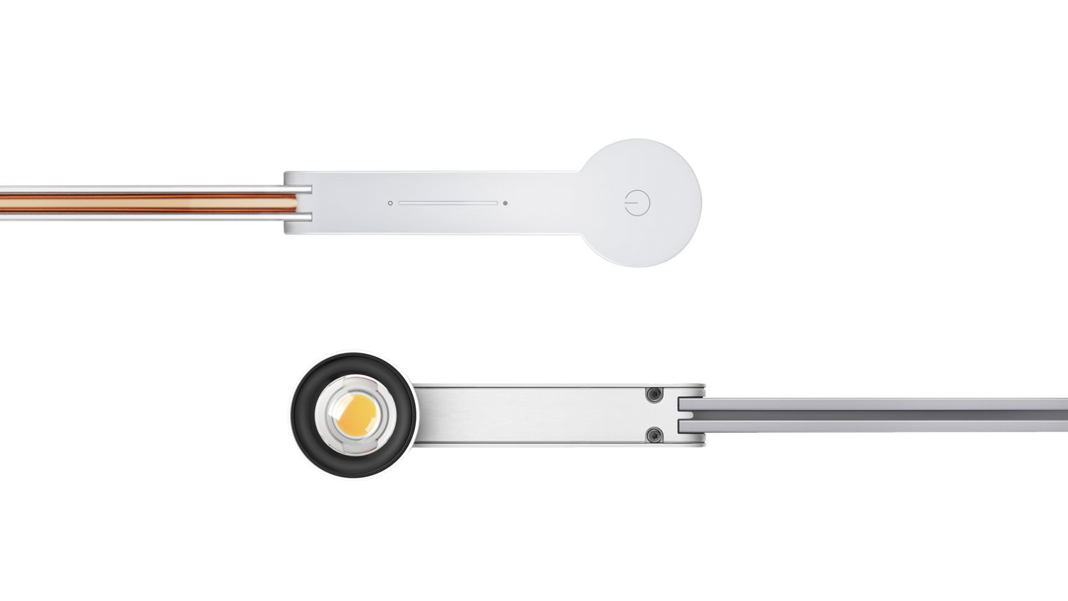 Ansicht der Dyson CSYS Arbeitsplatzleuchte von oben und von unten. 