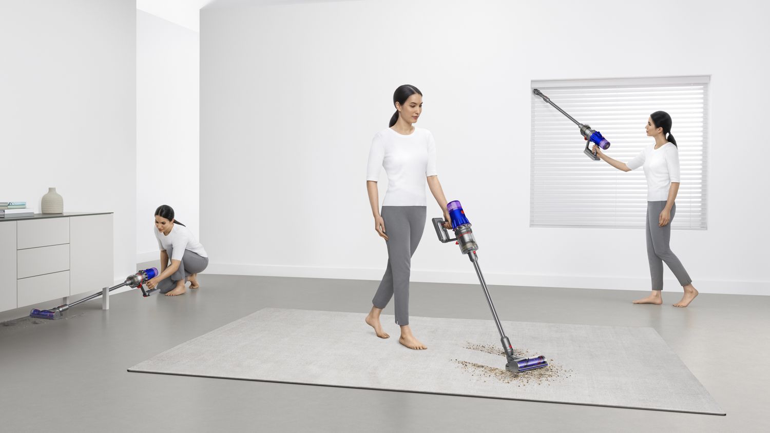 Woman cleaning in various places around the home