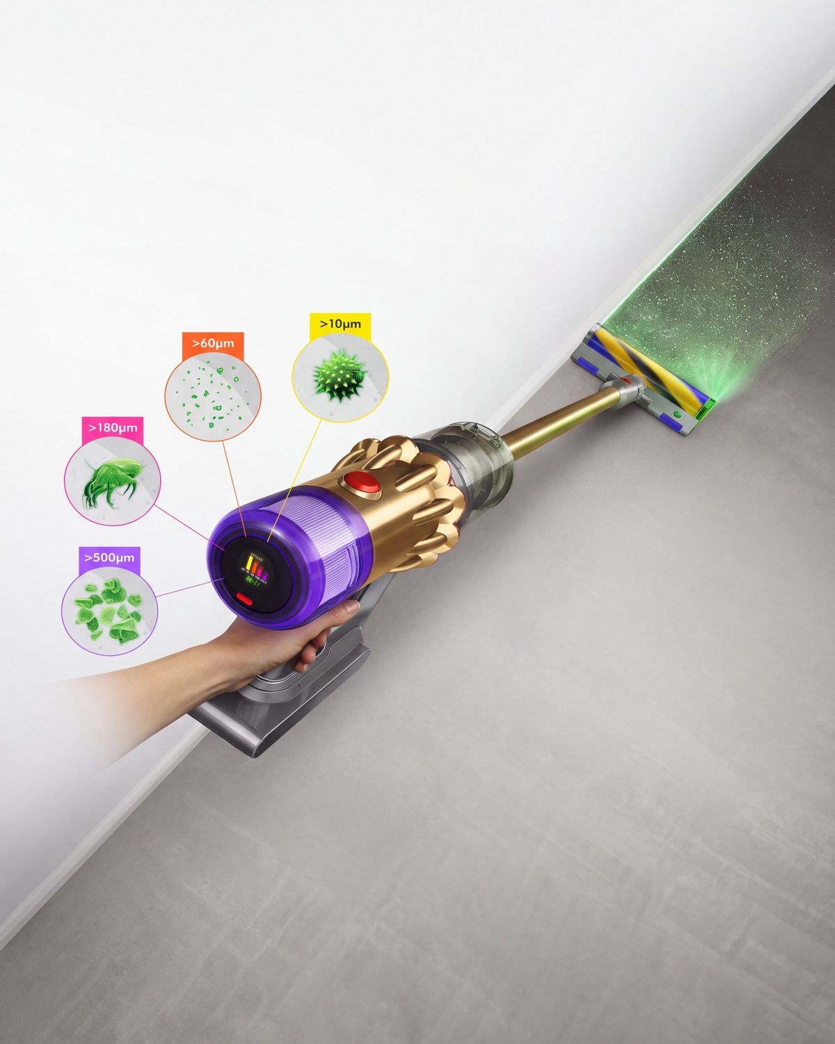 Dyson V12 Detect Slim vacuum with Slim Fluffy Laser cleaner head, showing sizes of dust detected
