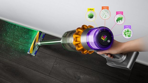 Dyson V12 Detect Slim vacuum with Slim Fluffy Laser cleaner head, showing sizes of dust detected