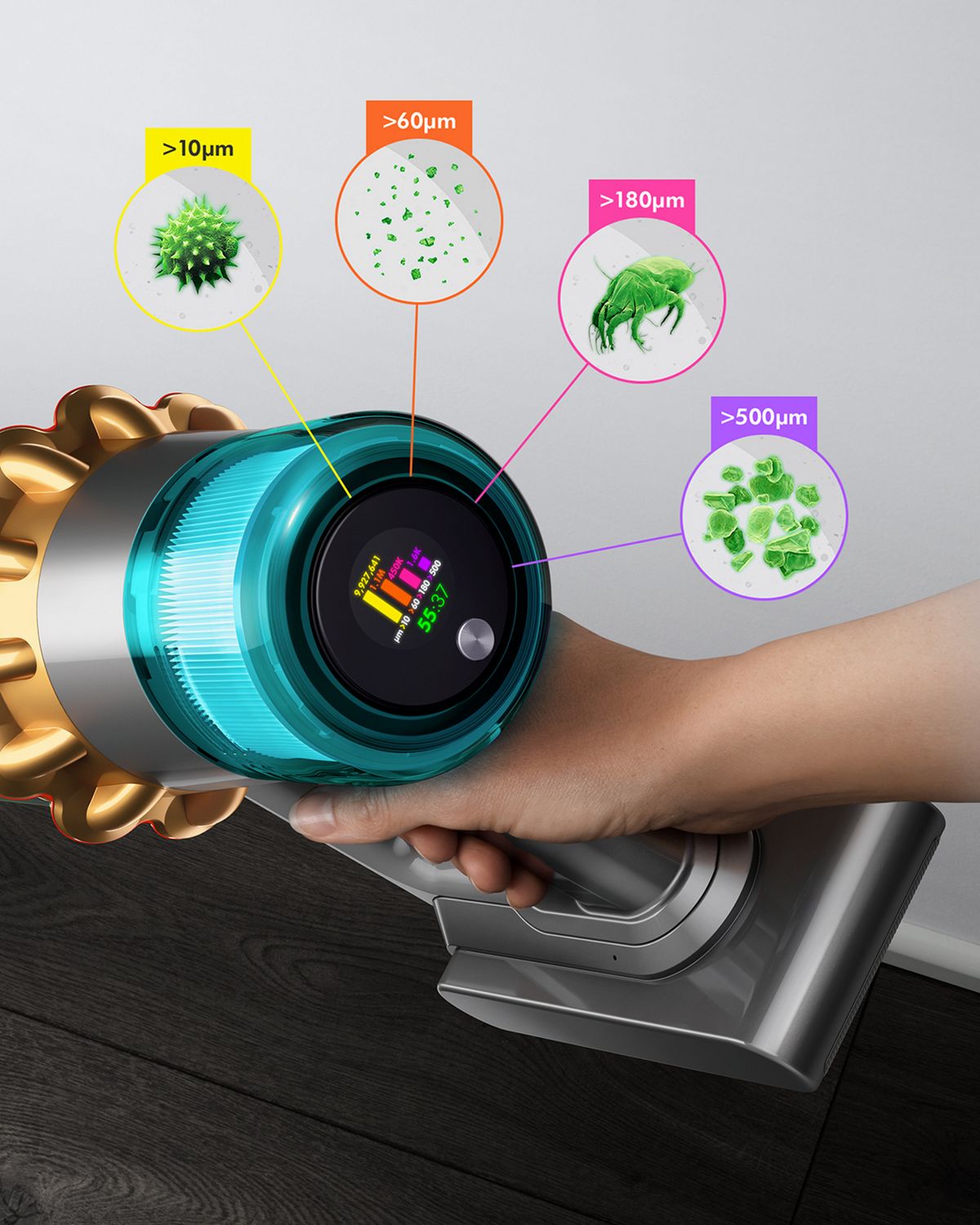Dyson V15 Detect Slim vacuum with Slim Fluffy Laser cleaner head, showing sizes of dust detected