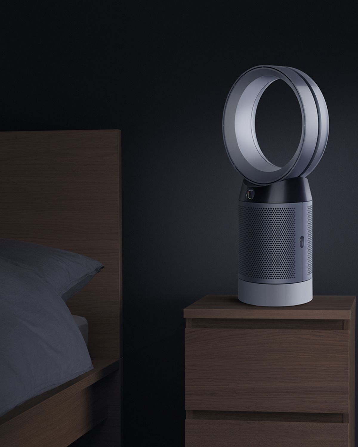 A Dyson Pure Cool purifier fan on a bedside table. 