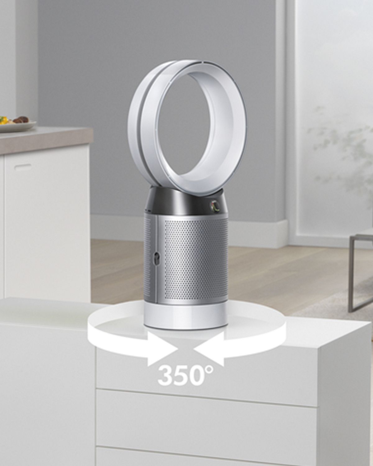 Dyson Pure Cool purifier fan in the middle of the room, annotated with a 360 degree symbol, showing its oscillation from left to right. 