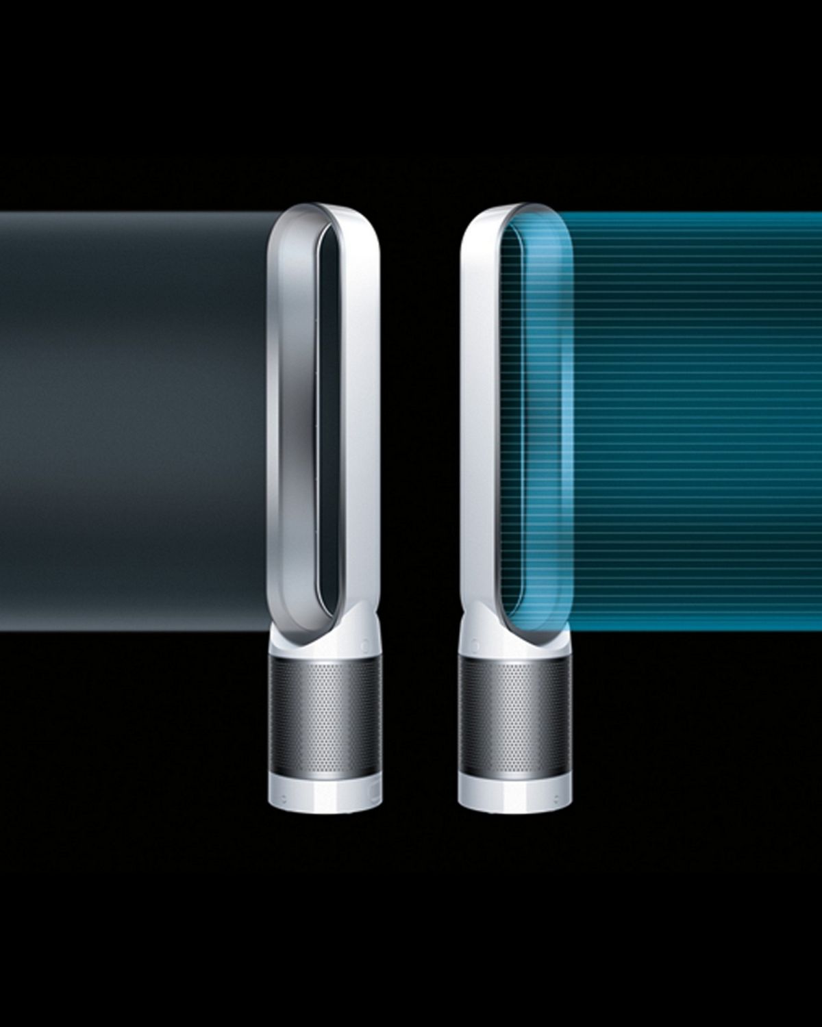 Two Dyson Pure Cool purifier fans pointing in opposite direction, one emanating purified air and the other emanating cooled purified air. 