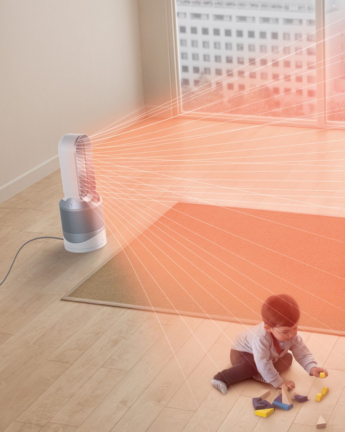 Family relax in living area while the Dyson Hot + Cool purifier heats them.