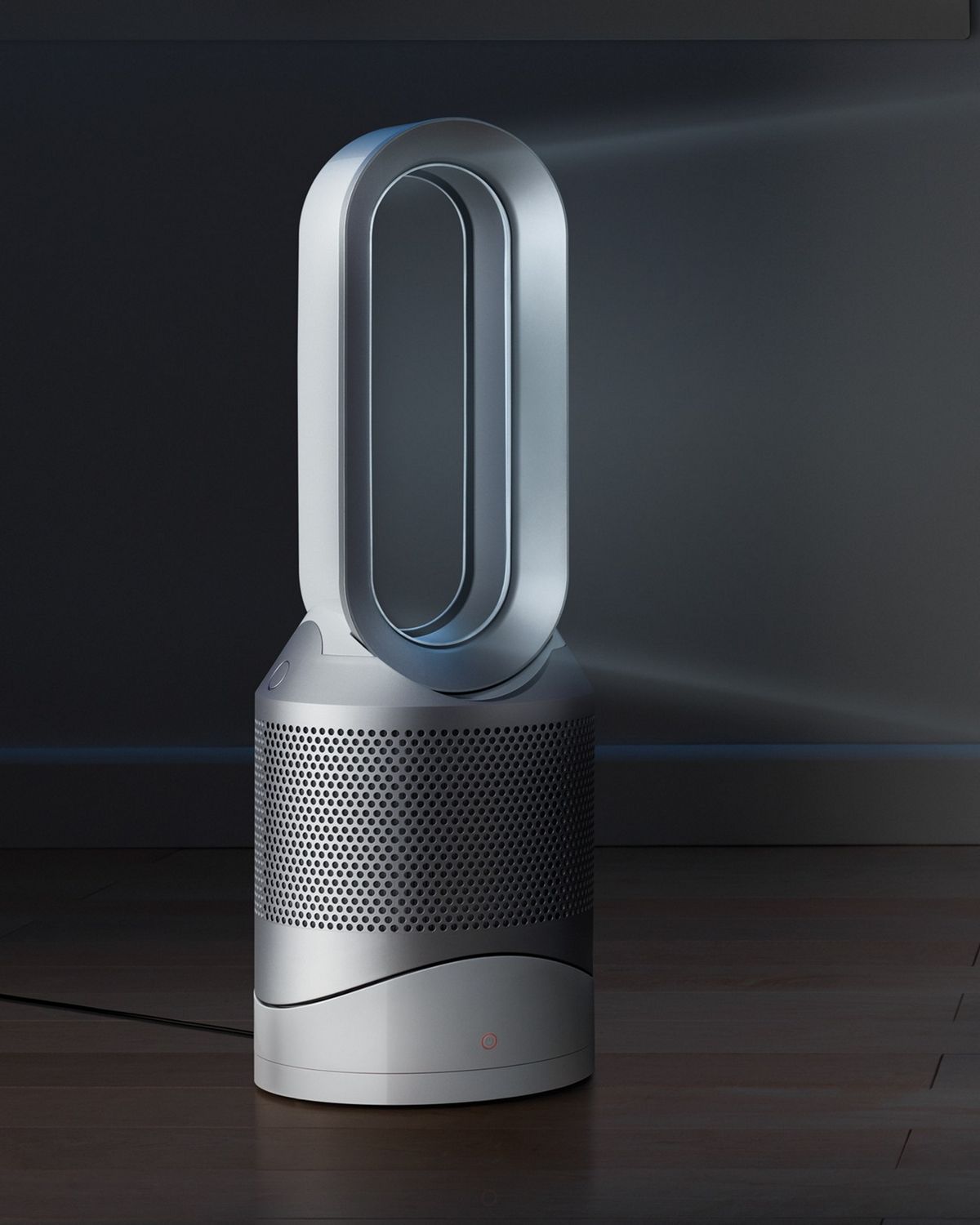 Baby sleeps in a cot as the Dyson Hot + Cool purifier works in night mode.
