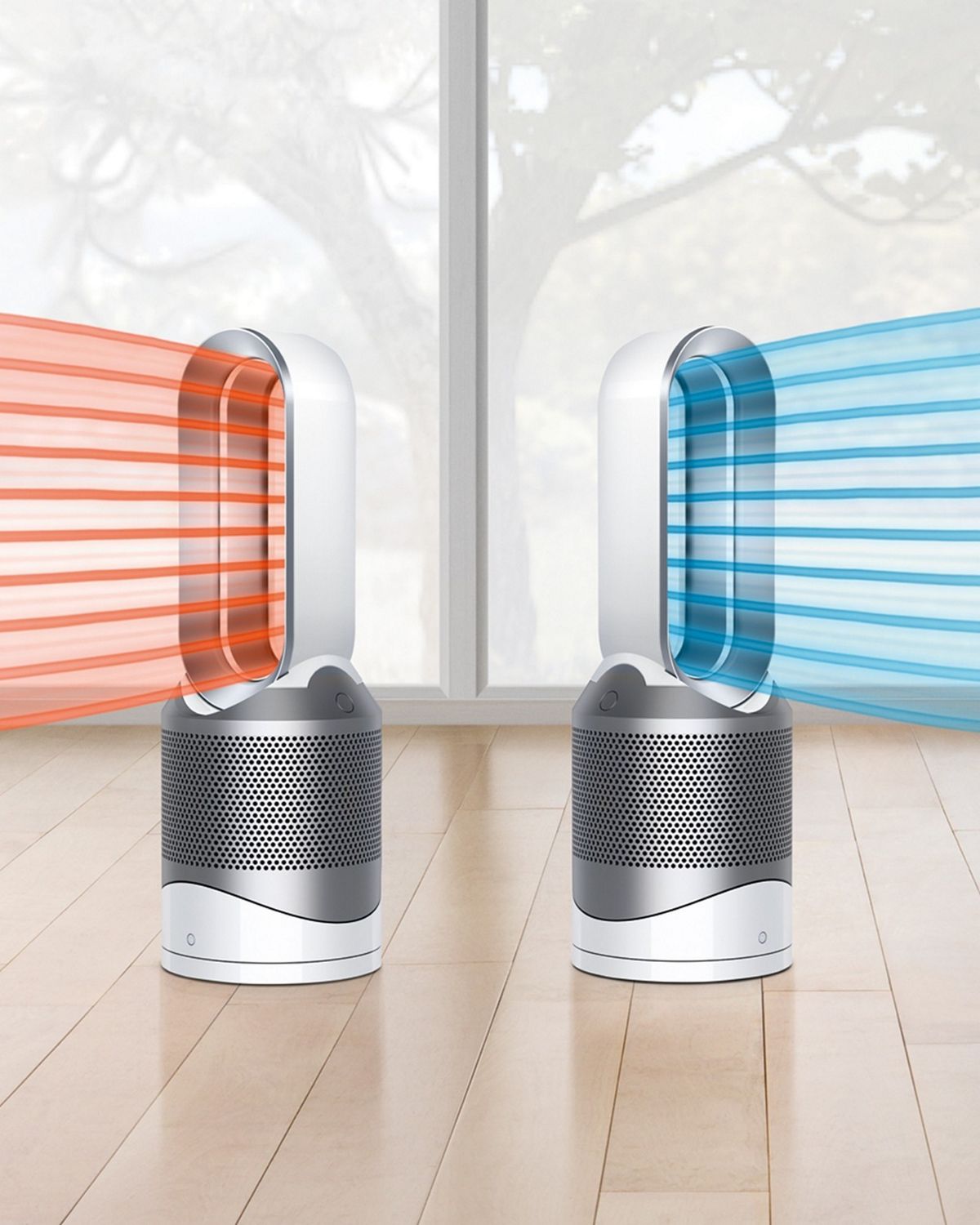 Two Dyson Hot + Cool purifiers sit on the ground. One cools as the other heats. 