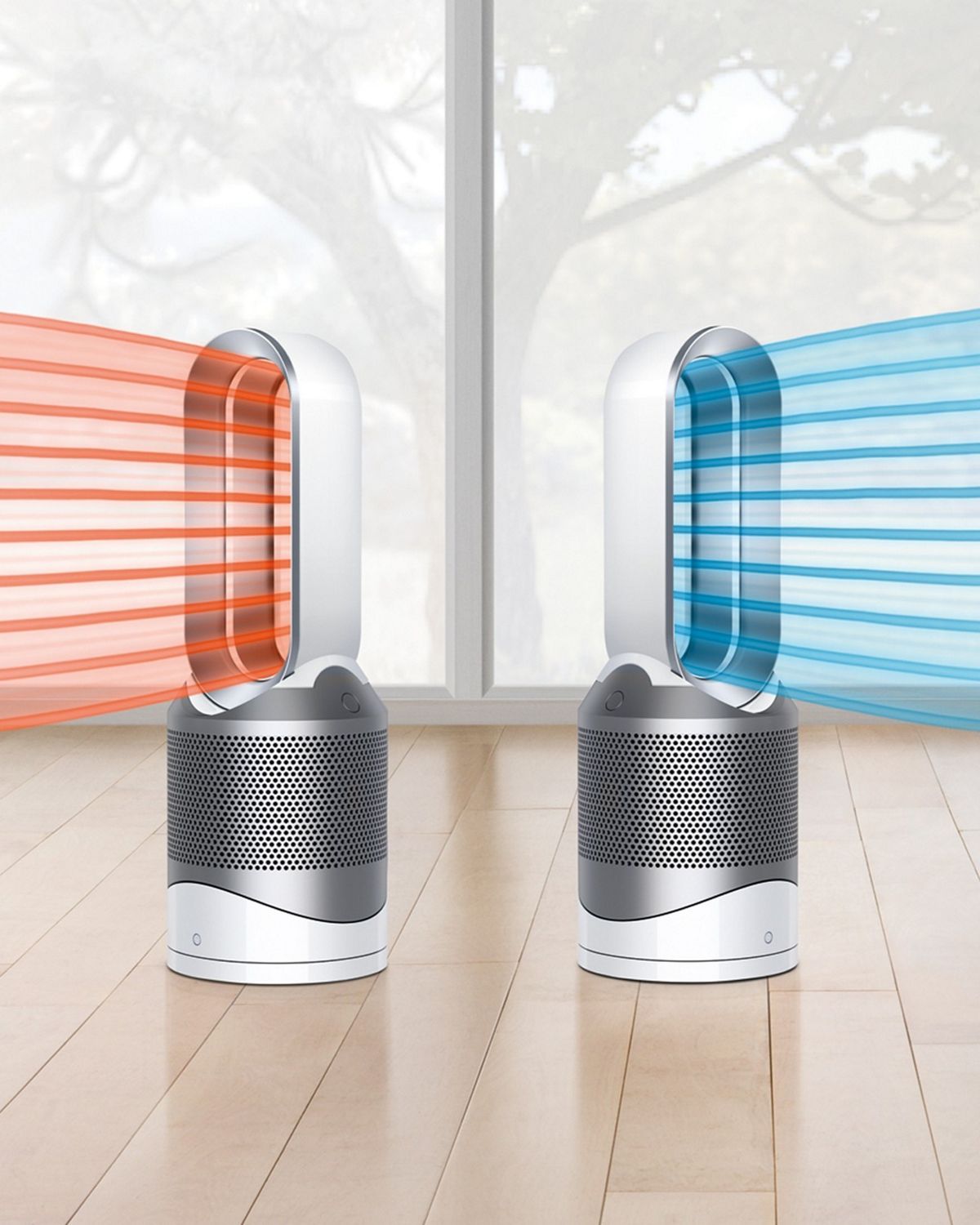 Two Dyson Hot+Cool purifier fan heaters side by side, one projecting warm air and the other projecting cool air. 