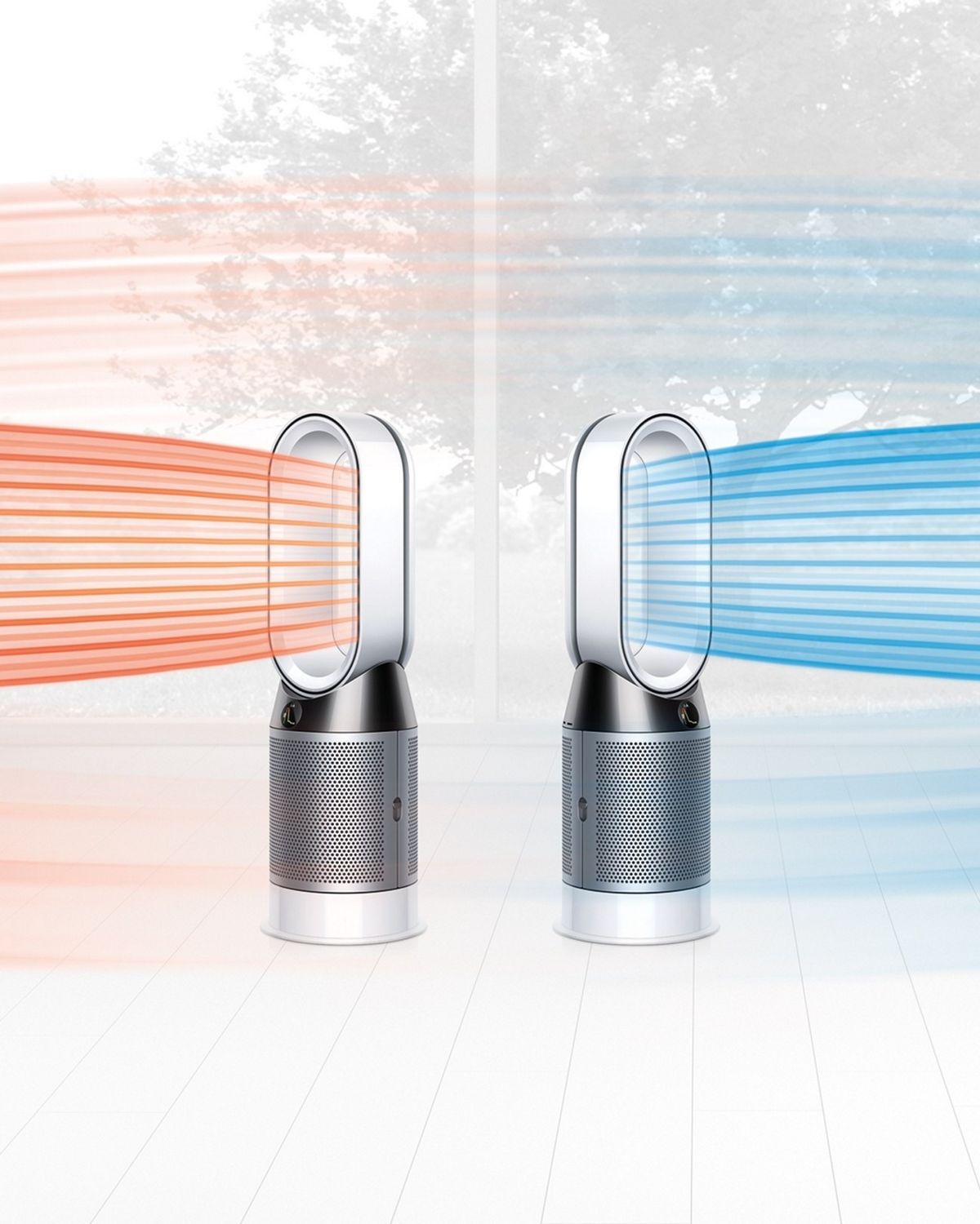 Two Dyson Hot + Cool purifiers one is cooling while the other is heating.