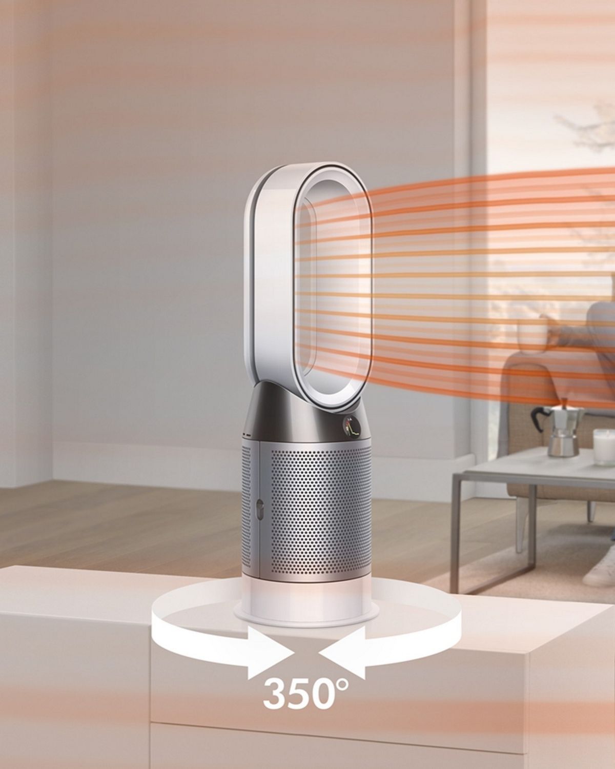 A man and child relax as a Dyson Hot + Cool purifier warms the air.
