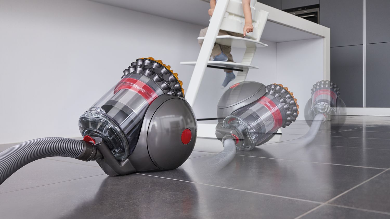 Image showing the Dyson Big ball canister vacuum cleaner’s ability to correct itself when it topples over. 