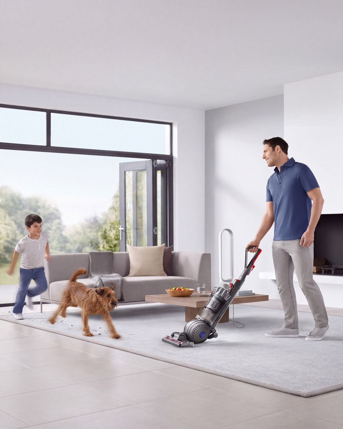 Dyson Ball Animal 2 upright vacuum cleaner maneuvering around furniture to clean floor.