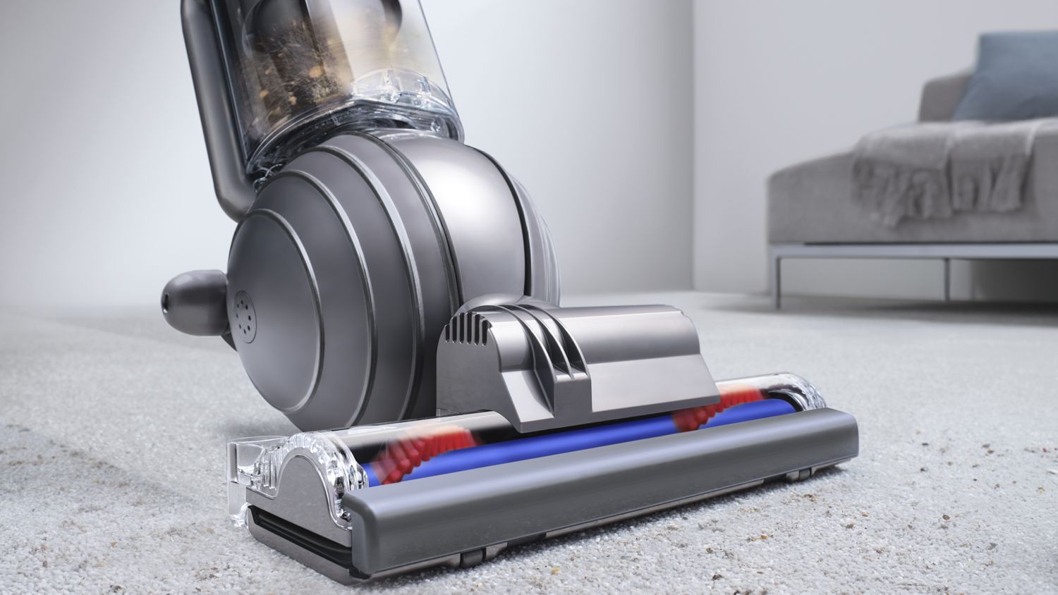 Dyson Ball Animal 2 upright vacuum cleaner picking up debris from carpet.