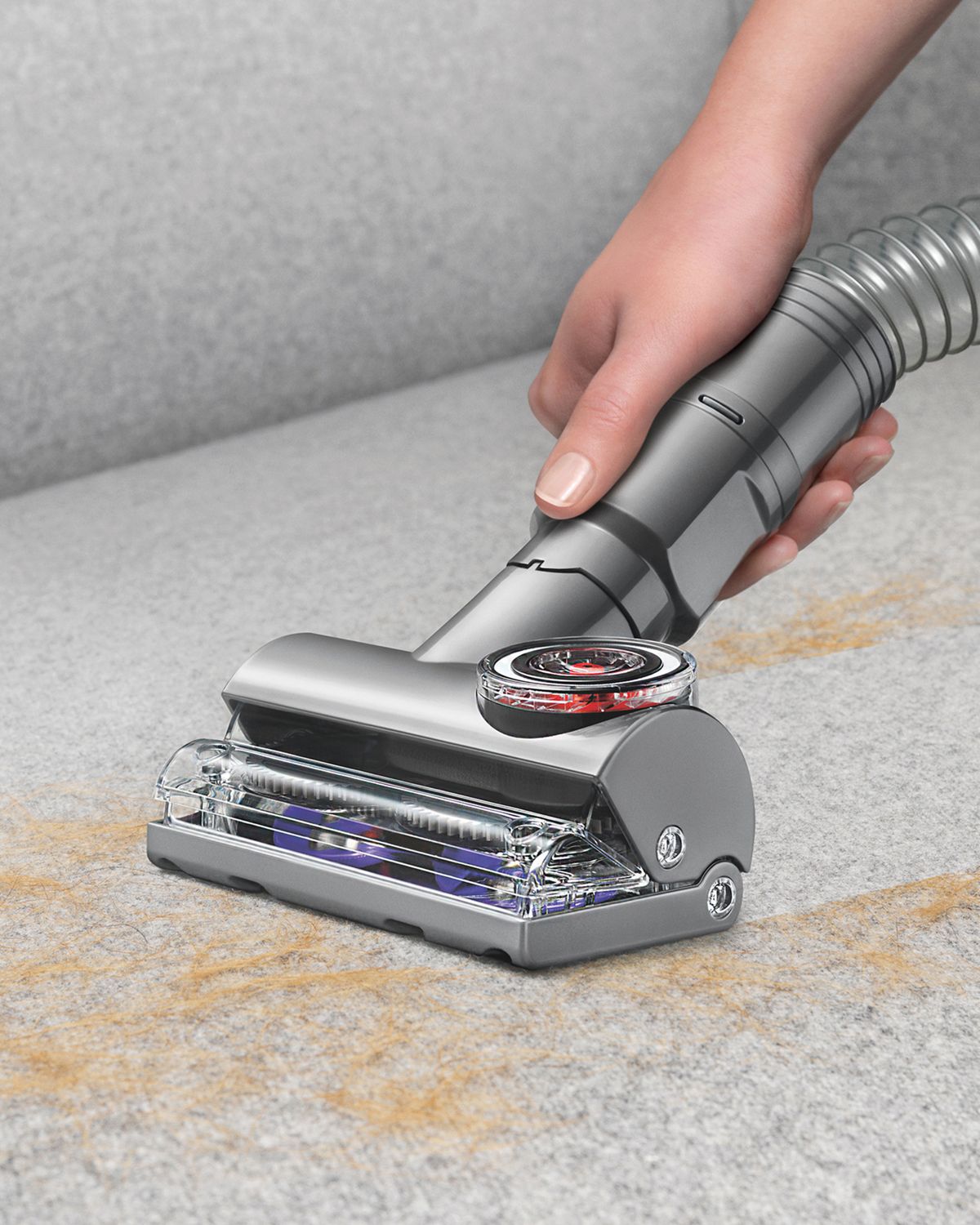 Dyson ball Animal 2 upright vacuum cleaner extendable hose being used to clean a sofa.