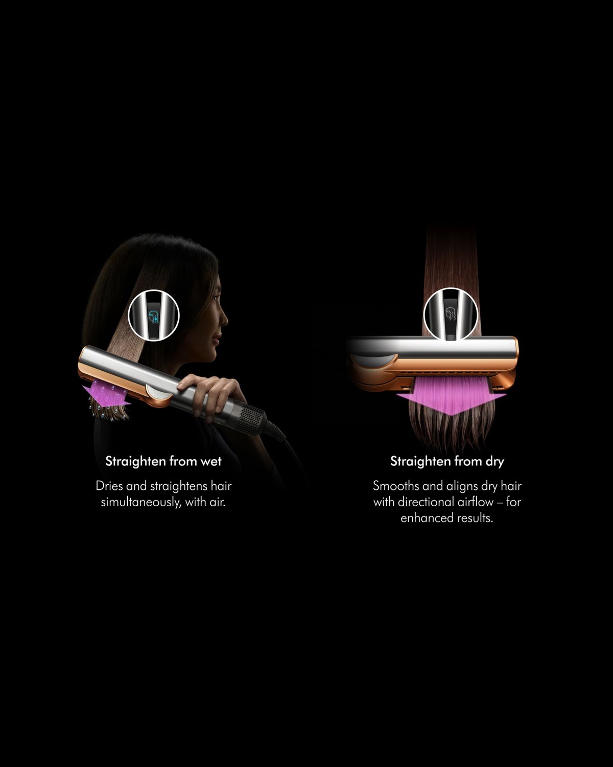 A model with long sleek hair using the Dyson Airstrait straightener with text describing how to straighten wet hair and dry hair 