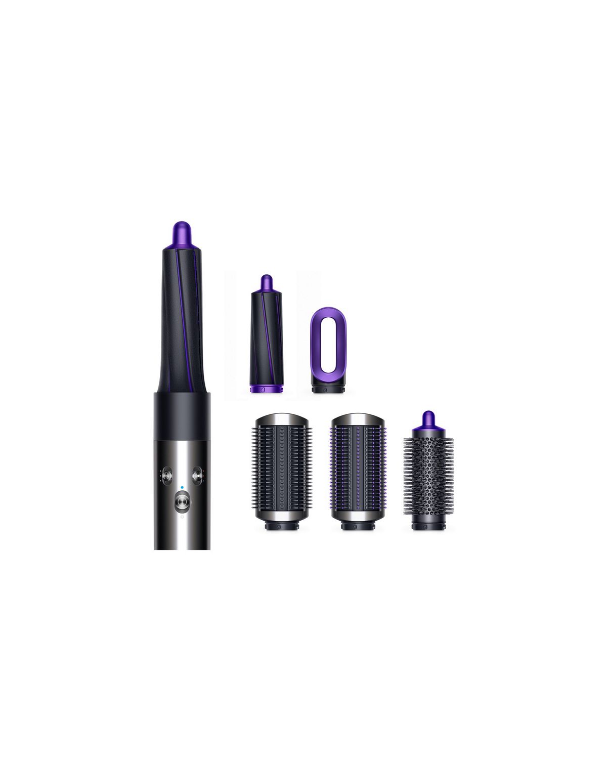 Dyson Airwrap black/purple with attachments.
