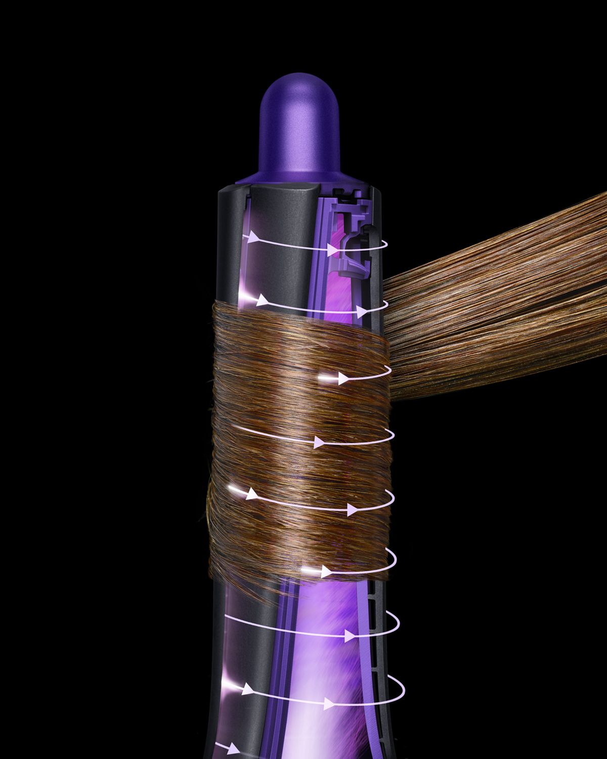 Tech image of hair wrapped around the barrel of the Dyson Airwrap