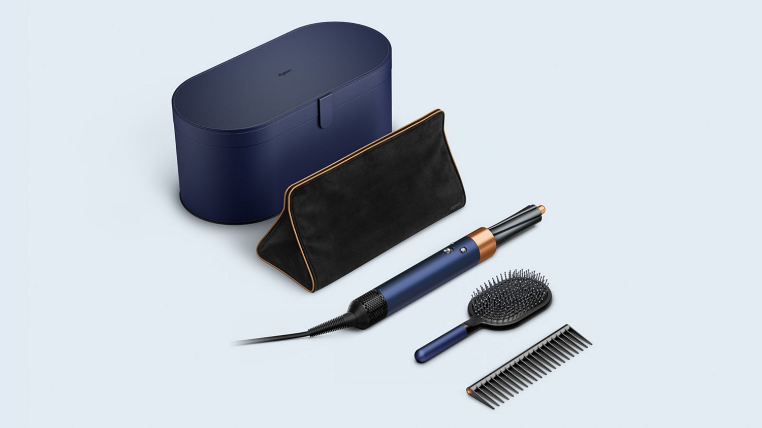 Storage case, storage bag, airwrap styler, and giftset on blue background
