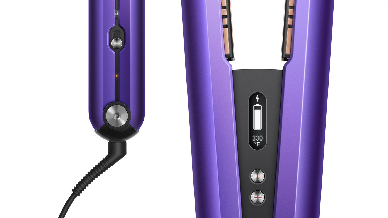 Close up of Dyson Coralle straightener heat settings.