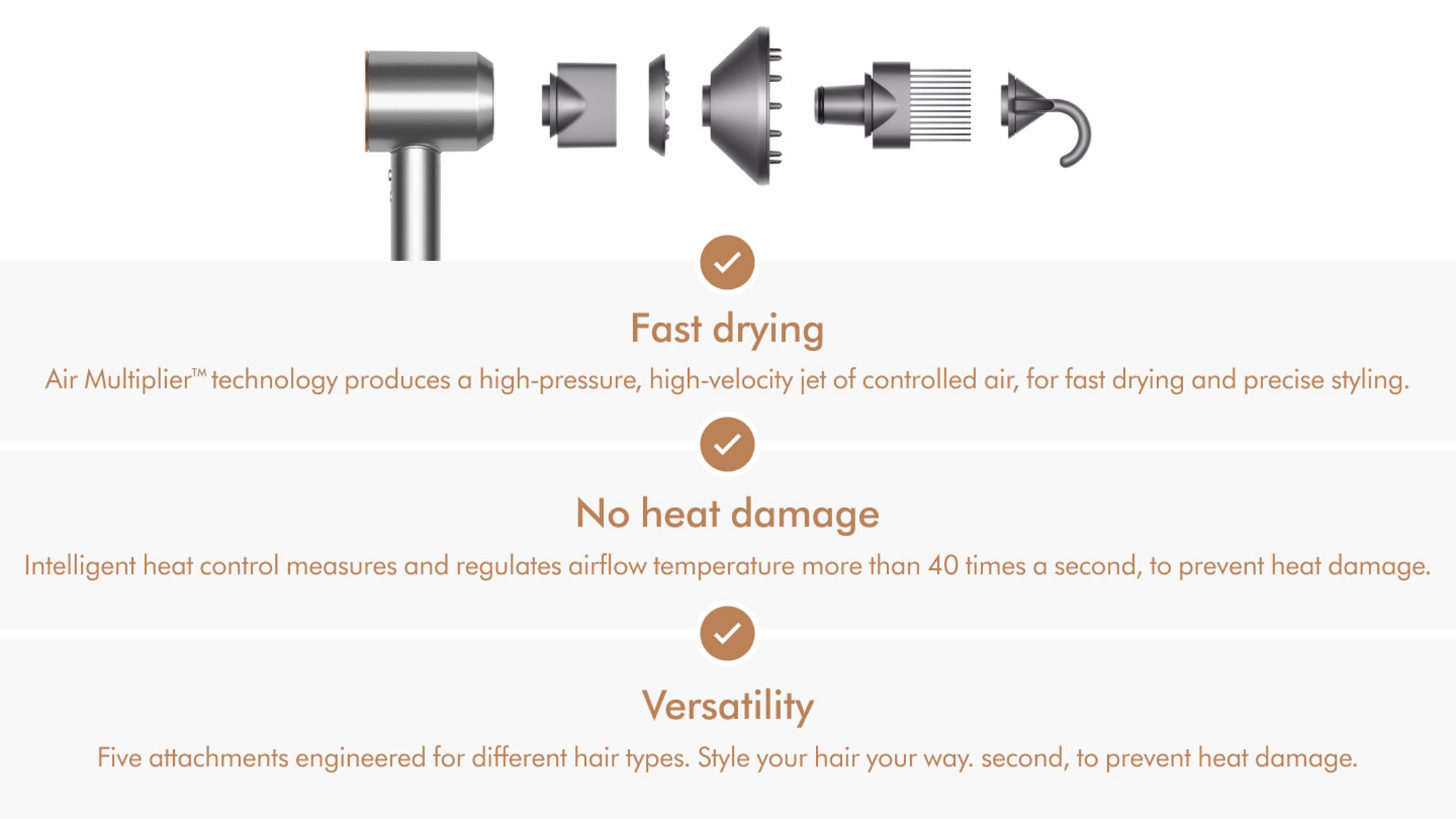 Dyson Supersonic Attachments + Benefits Inforgraphic Nickel/Copper