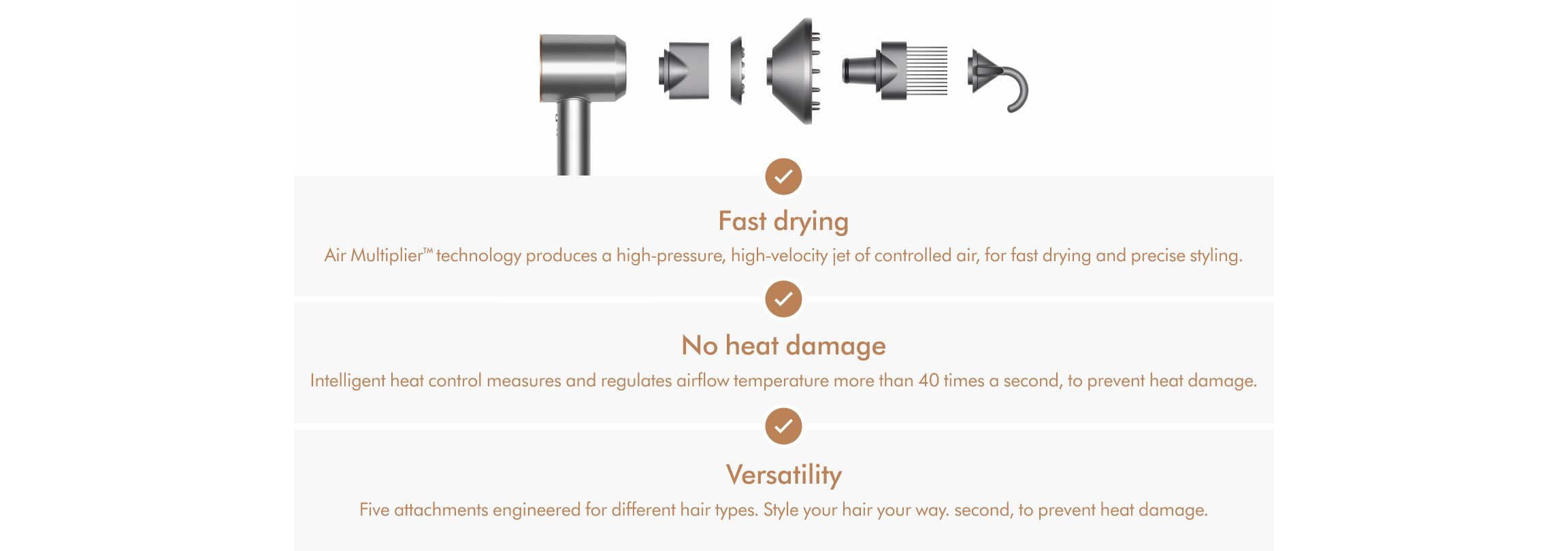 Dyson Supersonic Attachments + Benefits Inforgraphic Nickel/Copper