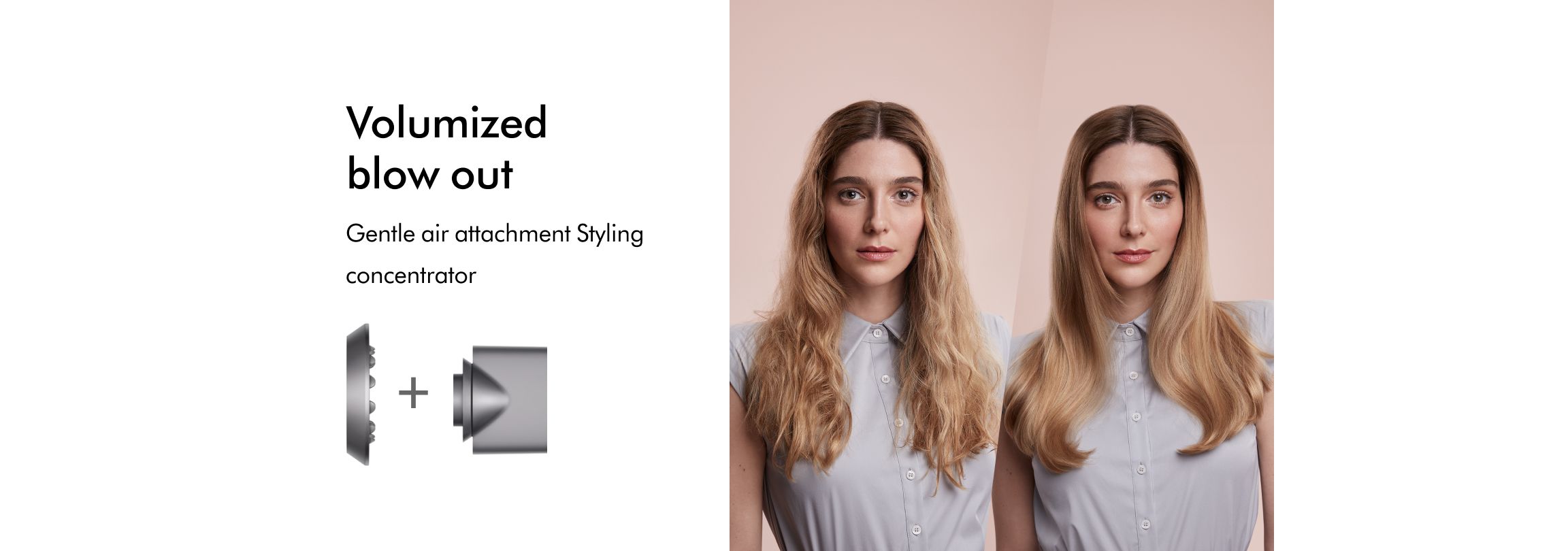 Dyson Supersonic Gentle Air Attachment Styling Concentrator in Nickel with Model before and after