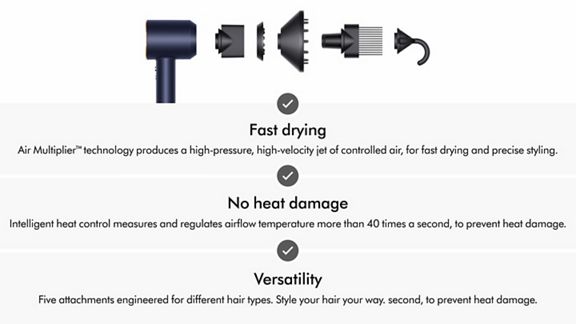 Dyson Supersonic Attachments + Benefits Inforgraphic Prussian Blue / Rich Copper