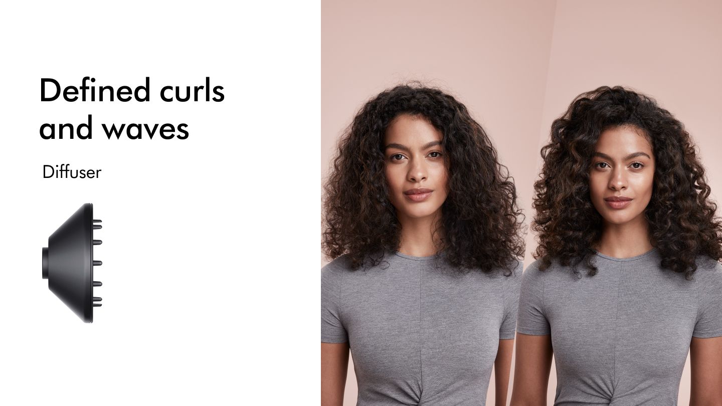 Dyson Supersonic Diffuser Attachment  in Black with Model before and after