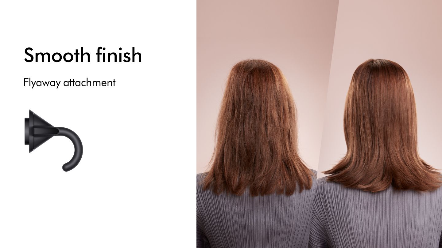 Dyson Supersonic Flyaway Attachment in Black with Model before and after