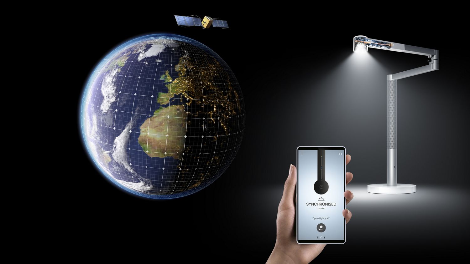 The Dyson Link app, with the Dyson Lightcycle Morph light in the background, next to a picture of the globe showing the time and date lines. 