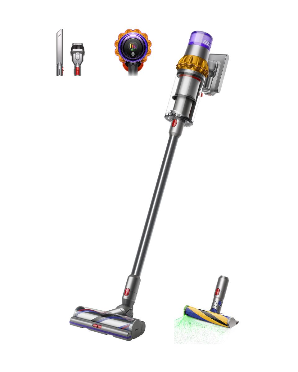Drei Viertel Ansicht des Dyson V15 Detect Absolute Staubsaugers und der Zubehörteile.