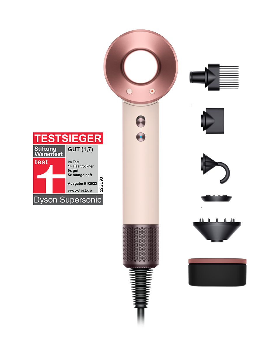 Front view of the Dyson Supersonic hair dryer finished in Ceramic pink and rose gold.