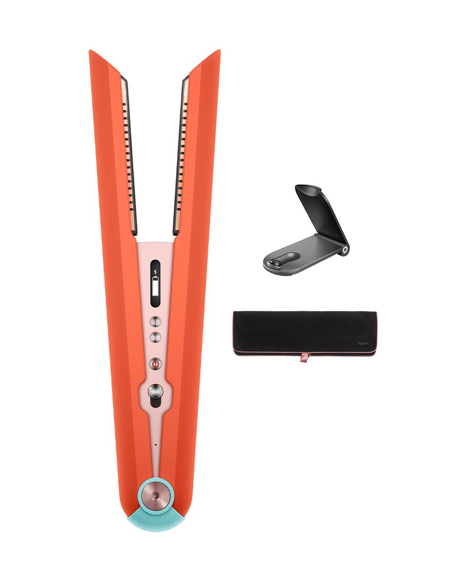 Two profile shots of Dyson Corrale straightener in Ceramic Pop, closed and open