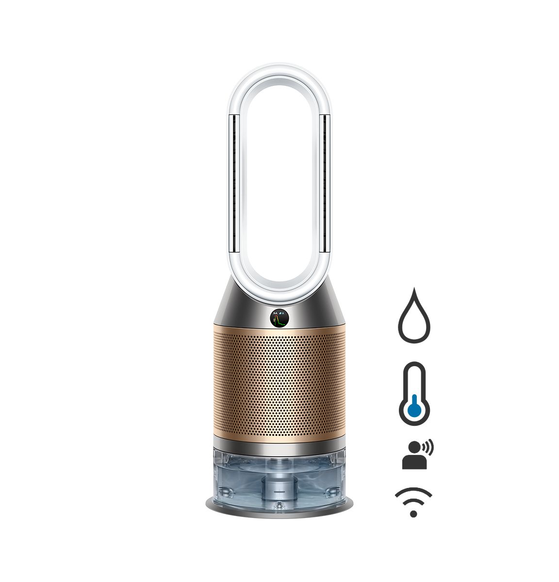Dyson Purifier Humidify+Cool PH2 De-NOx in Weiß und Gold auf weißem Hintergrund