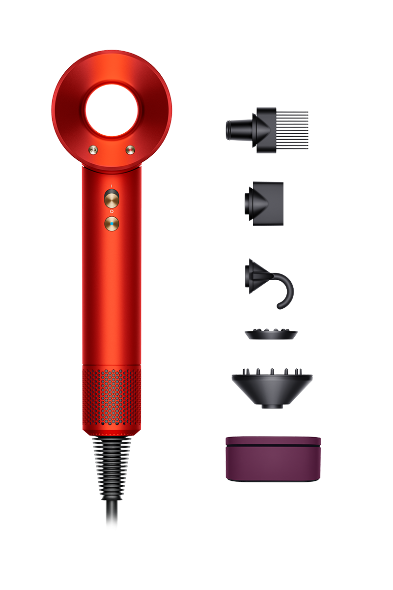 Dyson Supersonic hair dryer in Topaz orange and Byzantine purple.